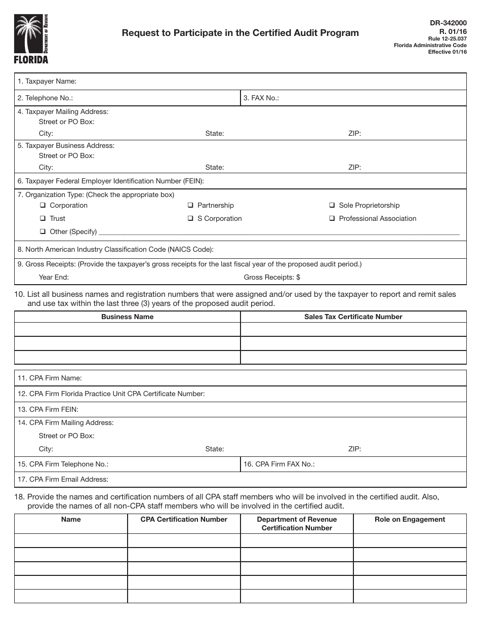 Form DR-342000 Request to Participate in the Certified Audit Program - Florida, Page 1