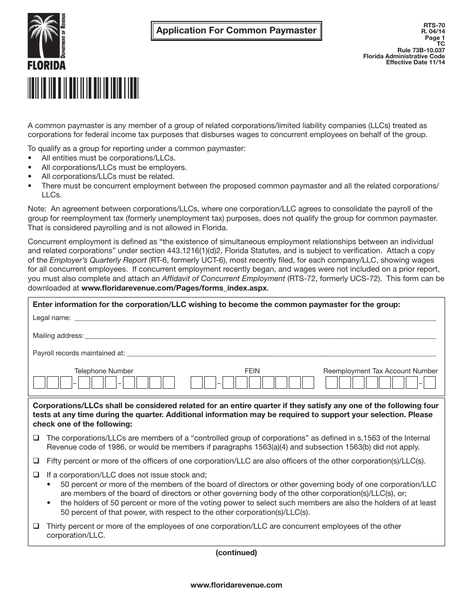 Form RTS-70 Application for Common Paymaster - Florida, Page 1