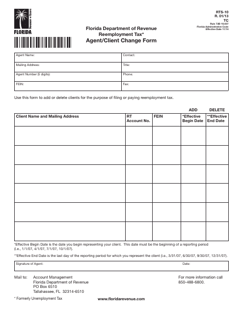 Form RTS-10 Reemployment Tax Agent/Client Change Form - Florida