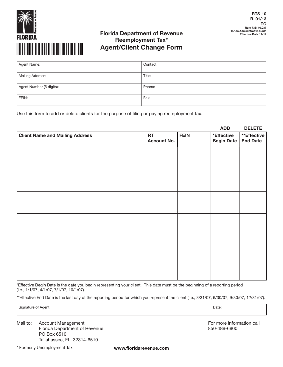 Form RTS-10 Reemployment Tax Agent / Client Change Form - Florida, Page 1