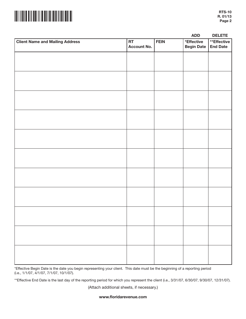 Form RTS-10 Reemployment Tax Agent / Client Change Form - Florida, Page 2