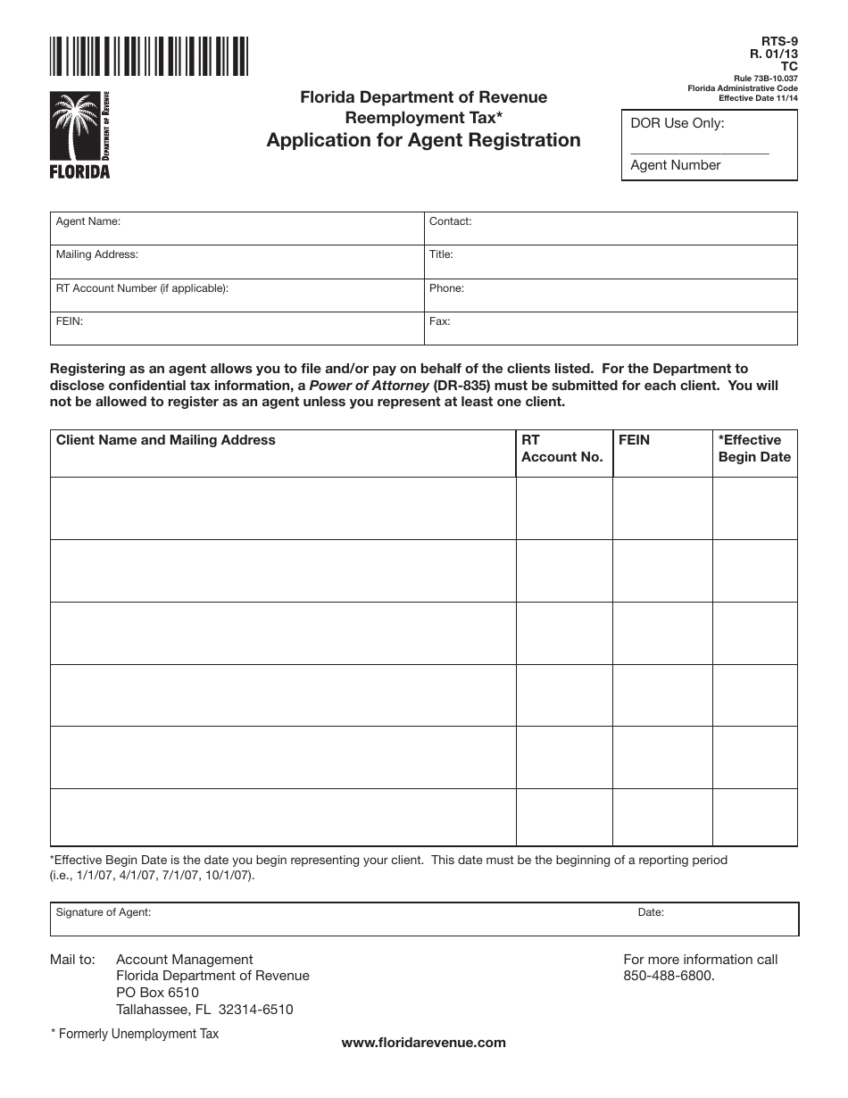 Form RTS-9 Reemployment Tax Application for Agent Registration - Florida, Page 1