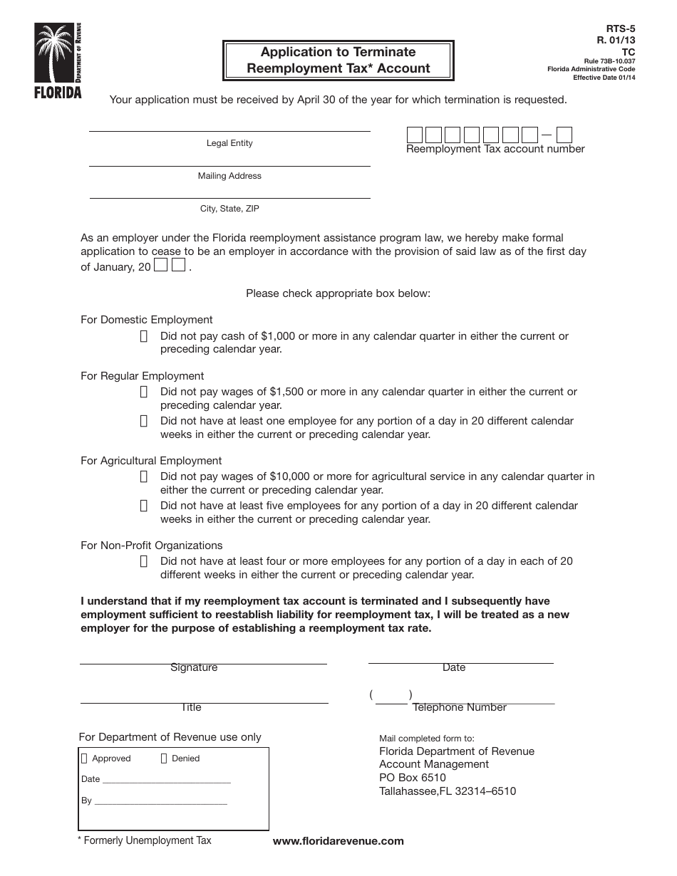 Form RTS-5 Application to Terminate Reemployment Tax Account - Florida, Page 1