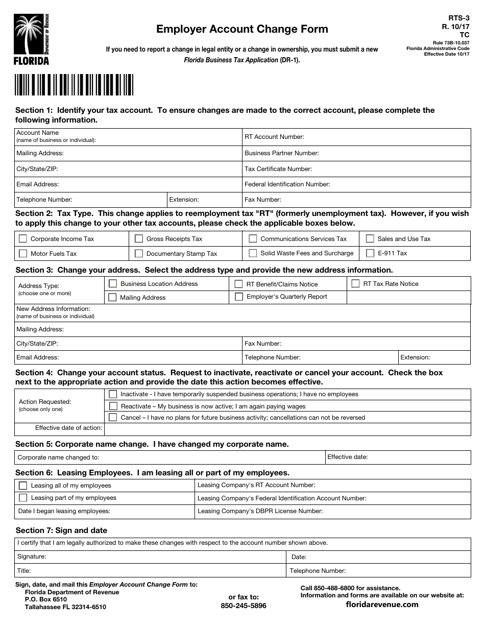 Form RTS-3 Employer Account Change Form - Florida, Page 1