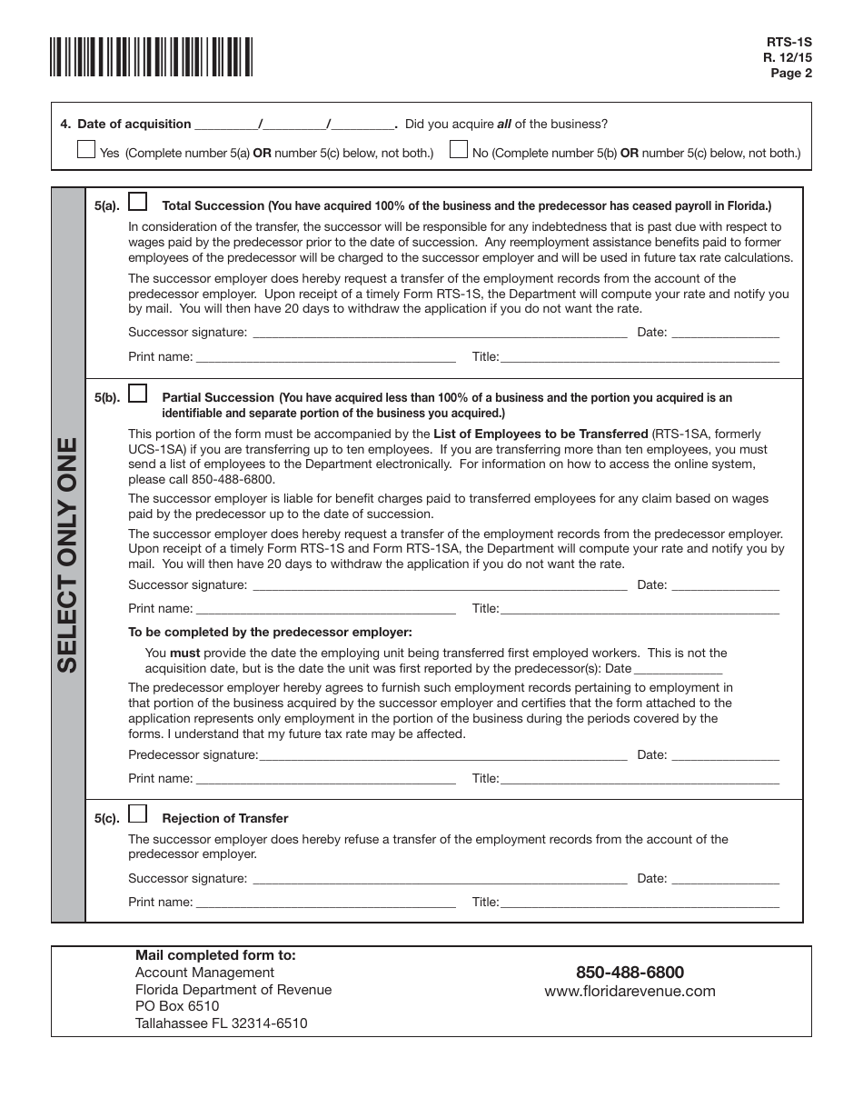 Form RTS-1S Report to Determine Succession and Application for Transfer of Experience Rating Records - Florida, Page 2
