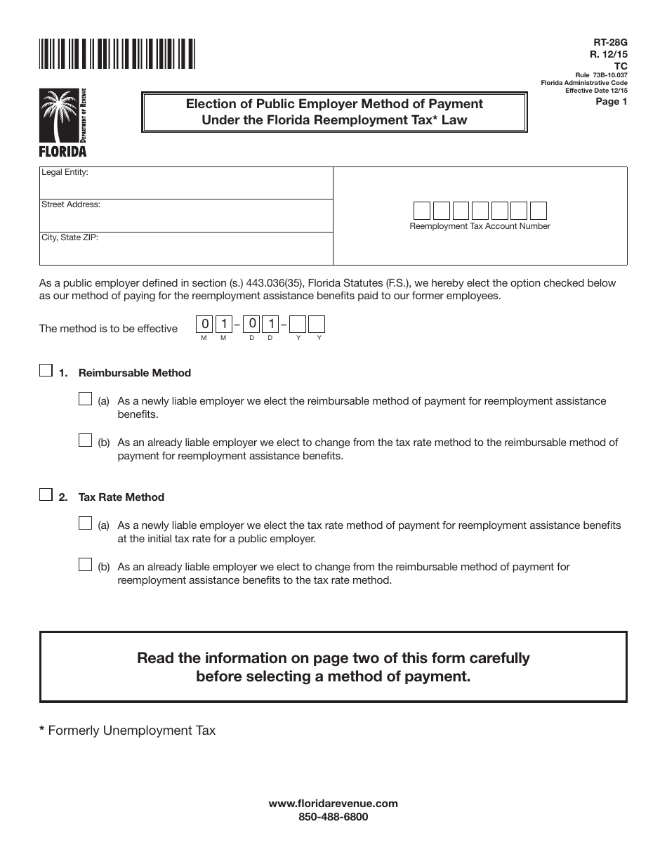 Form RT-28G Election of Public Employer Method of Payment Under the Florida Reemployment Tax Law - Florida, Page 1