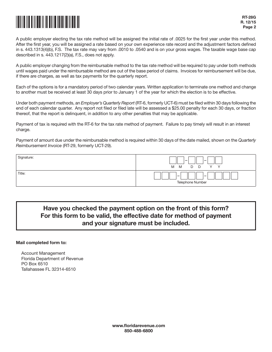 Form RT-28G Election of Public Employer Method of Payment Under the Florida Reemployment Tax Law - Florida, Page 2