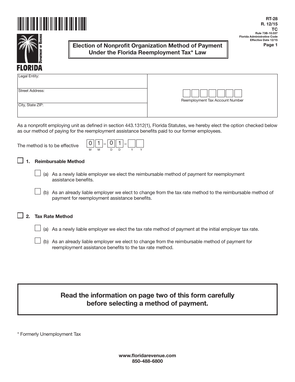 Form RT-28 Election of Nonprofit Organization Method of Payment Under the Florida Reemployment Tax Law - Florida, Page 1