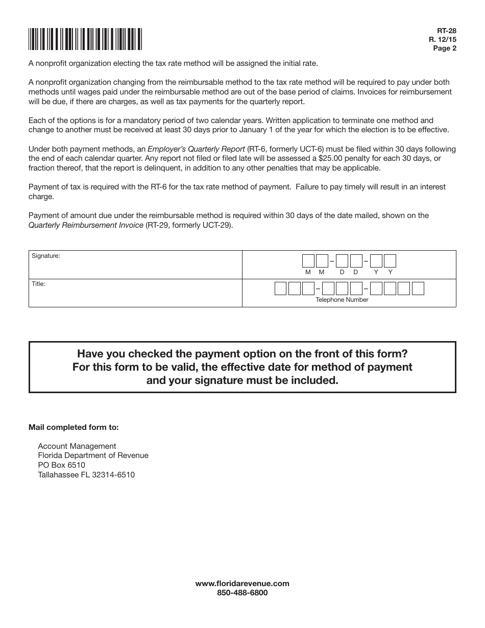 Form RT-28 Election of Nonprofit Organization Method of Payment Under the Florida Reemployment Tax Law - Florida, Page 2
