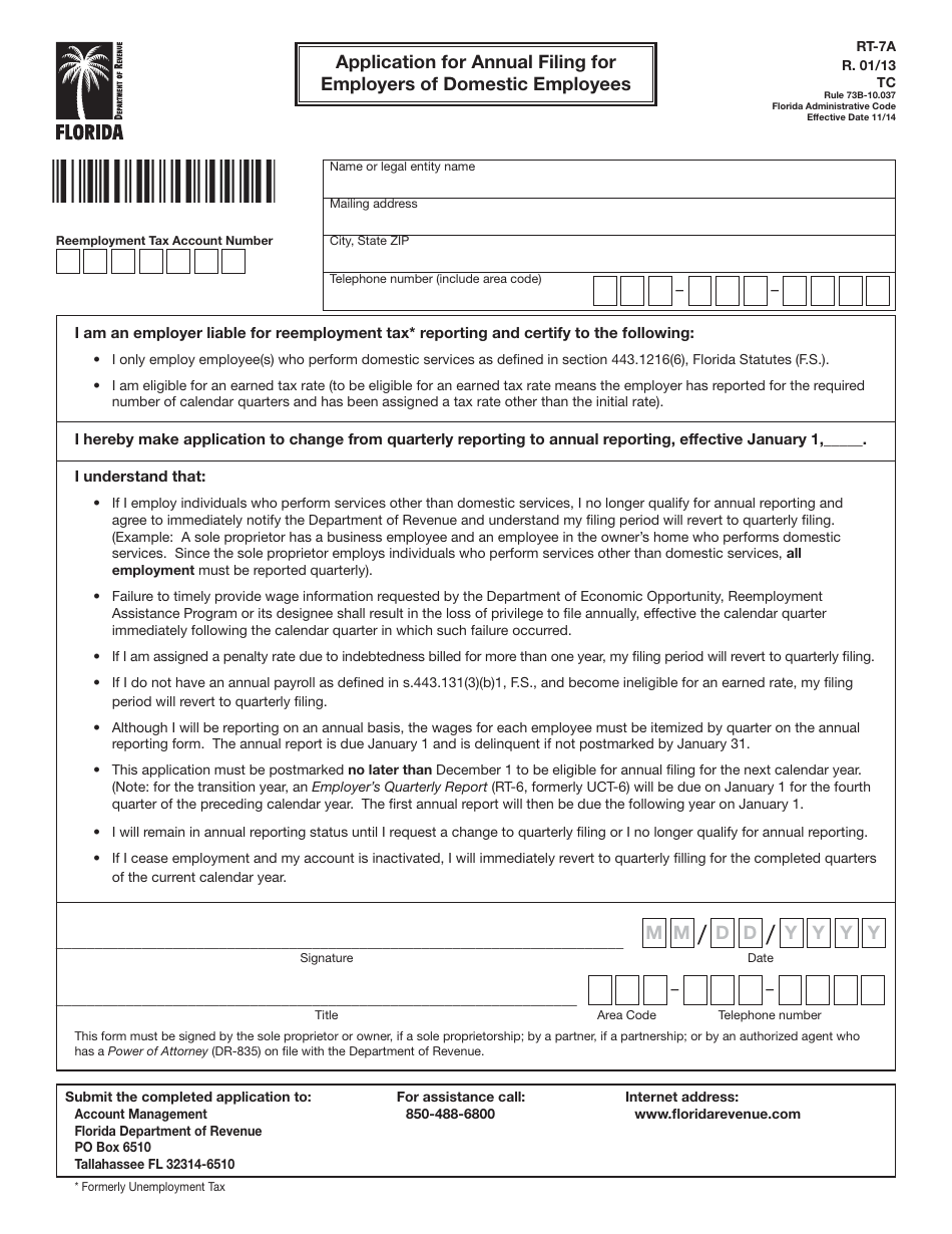 Form RT-7A - Fill Out, Sign Online and Download Printable PDF, Florida ...