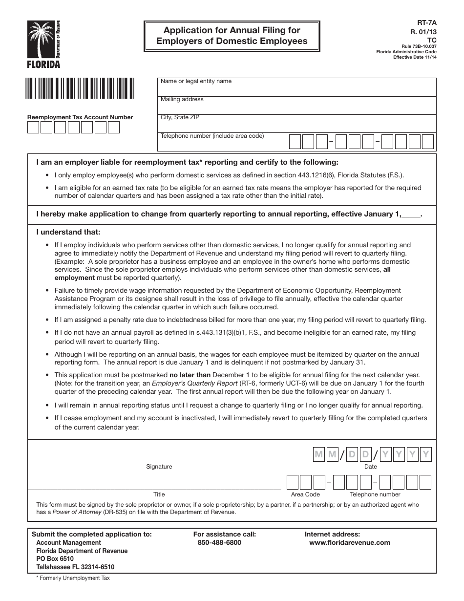 Form RT-7A Application for Annual Filing for Employers of Domestic Employees - Florida, Page 1