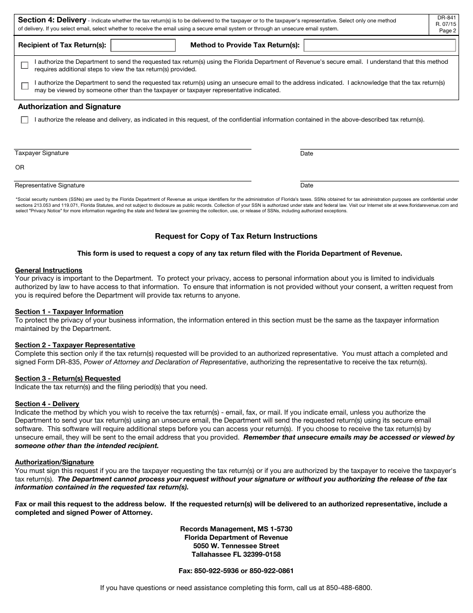 Form Dr-841 - Fill Out, Sign Online And Download Fillable Pdf, Florida 