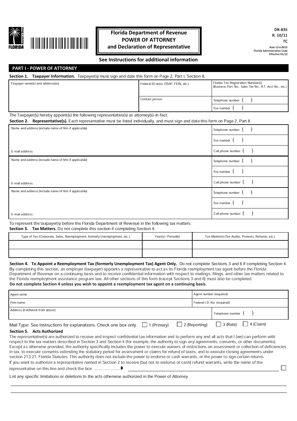 Form DR-835 Power of Attorney and Declaration of Representative - Florida, Page 1