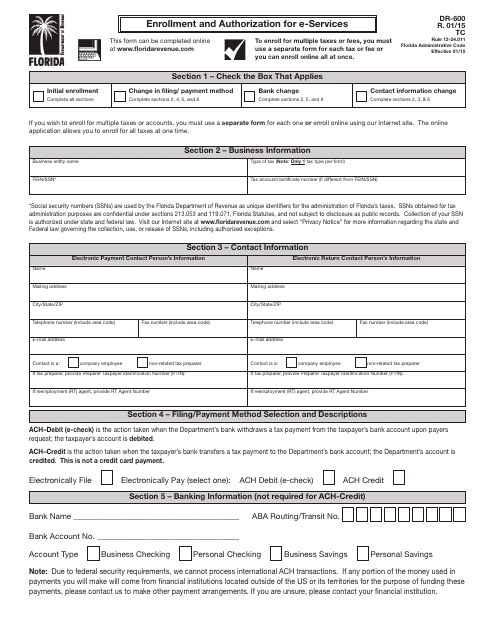 Form DR-600 Enrollment and Authorization for E-Services - Florida