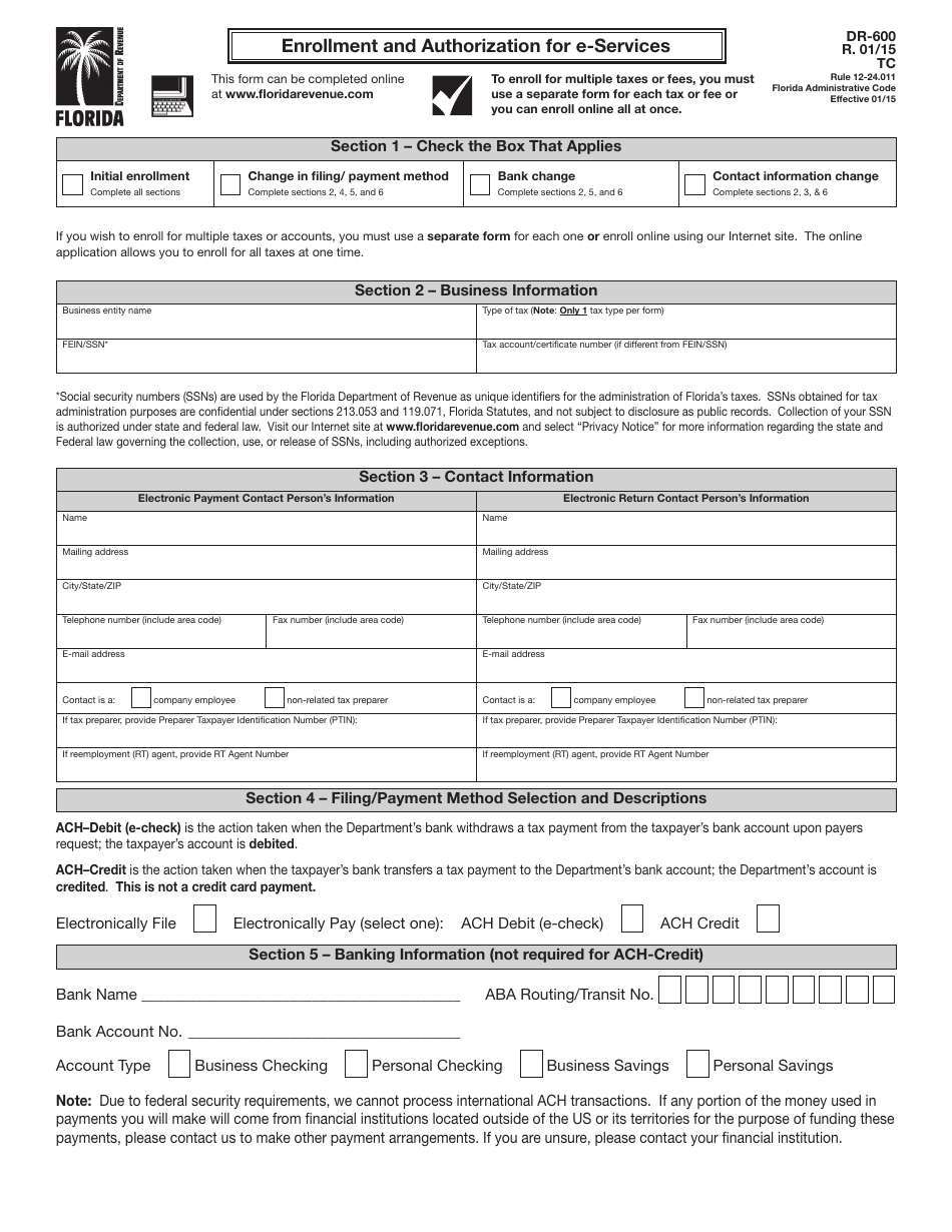 Form DR-600 Enrollment and Authorization for E-Services - Florida, Page 1