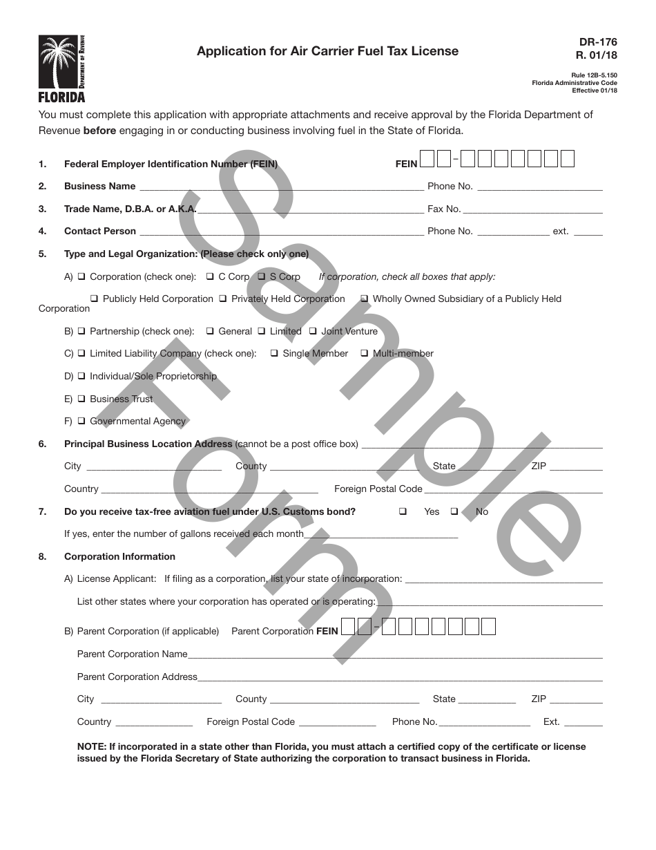 Sample Form DR-176 Application for Air Carrier Fuel Tax License - Florida, Page 1