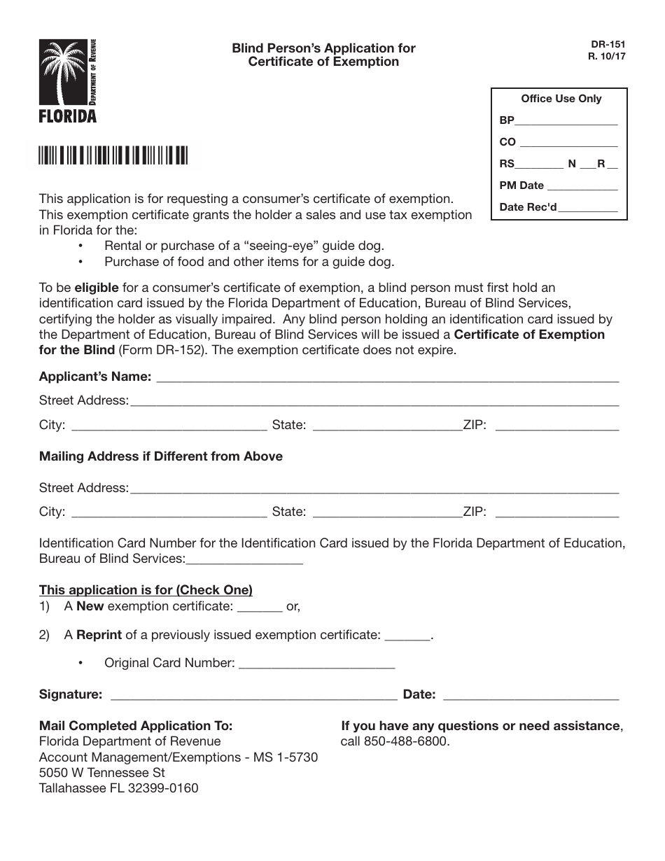 Form DR-151 Blind Persons Application for Certificate of Exemption - Florida, Page 1