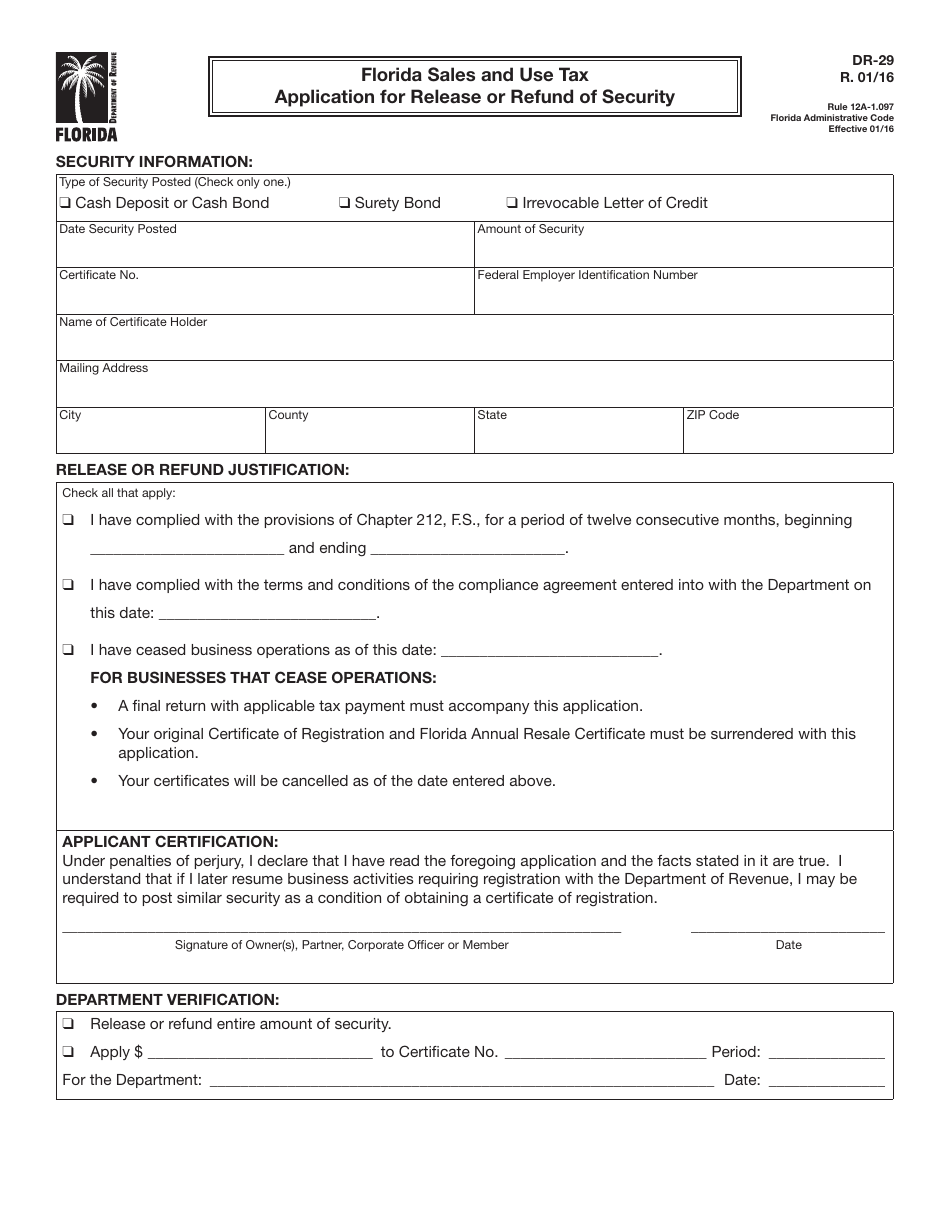 Form DR-29 Florida Sales and Use Tax Application for Release or Refund of Security - Florida, Page 1