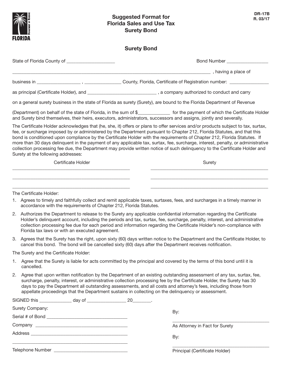 Form DR-17B Suggested Format for Florida Sales and Use Tax Surety Bond - Florida, Page 1