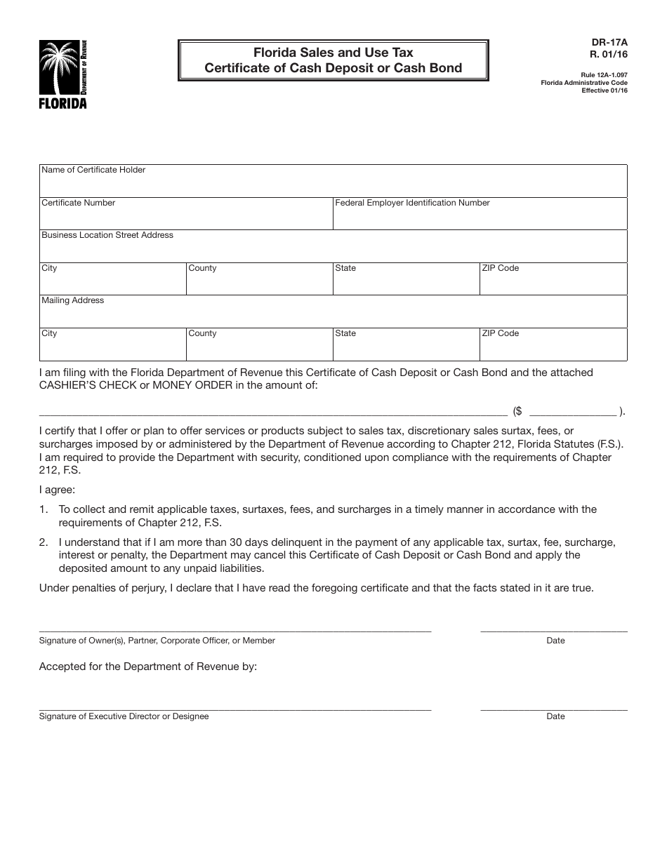 Form DR-17A Florida Sales and Use Tax Certificate of Cash Deposit or Cash Bond - Florida, Page 1