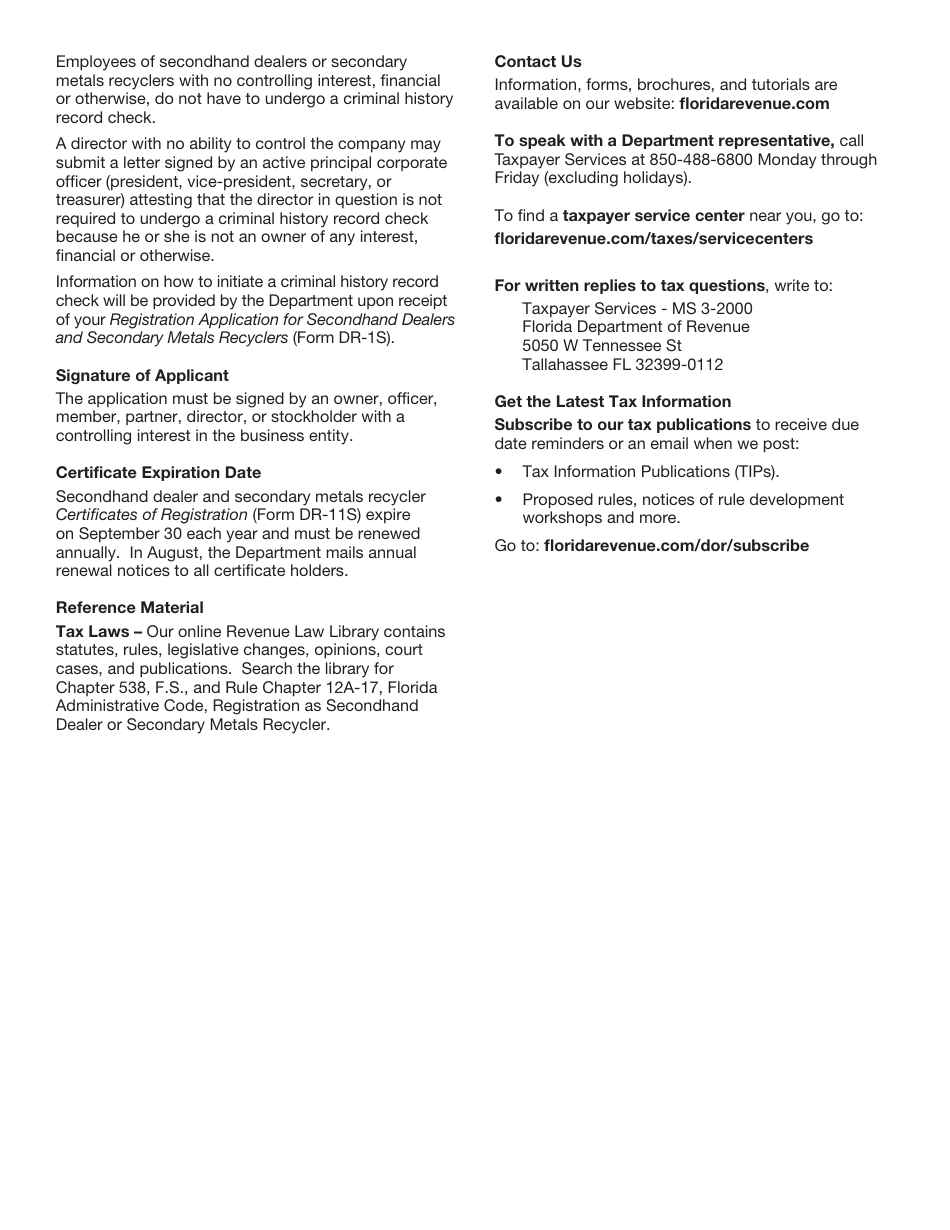 Form DR-1S Registration Application for Secondhand Dealers and Secondary Metals Recyclers - Florida, Page 2