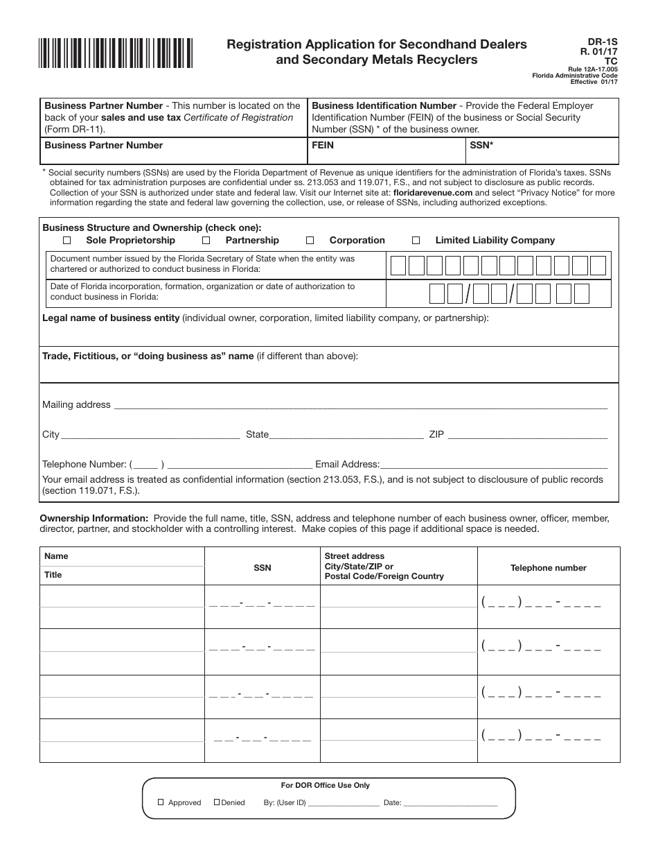 Form DR-1S Registration Application for Secondhand Dealers and Secondary Metals Recyclers - Florida, Page 3