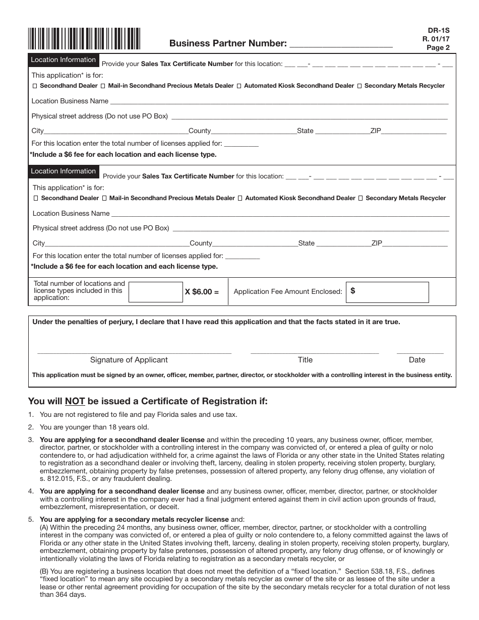 Form DR-1S - Fill Out, Sign Online and Download Printable PDF, Florida ...