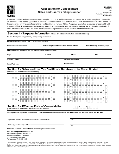 Form DR-1con Application for Consolidated Sales and Use Tax Filing Number - Florida
