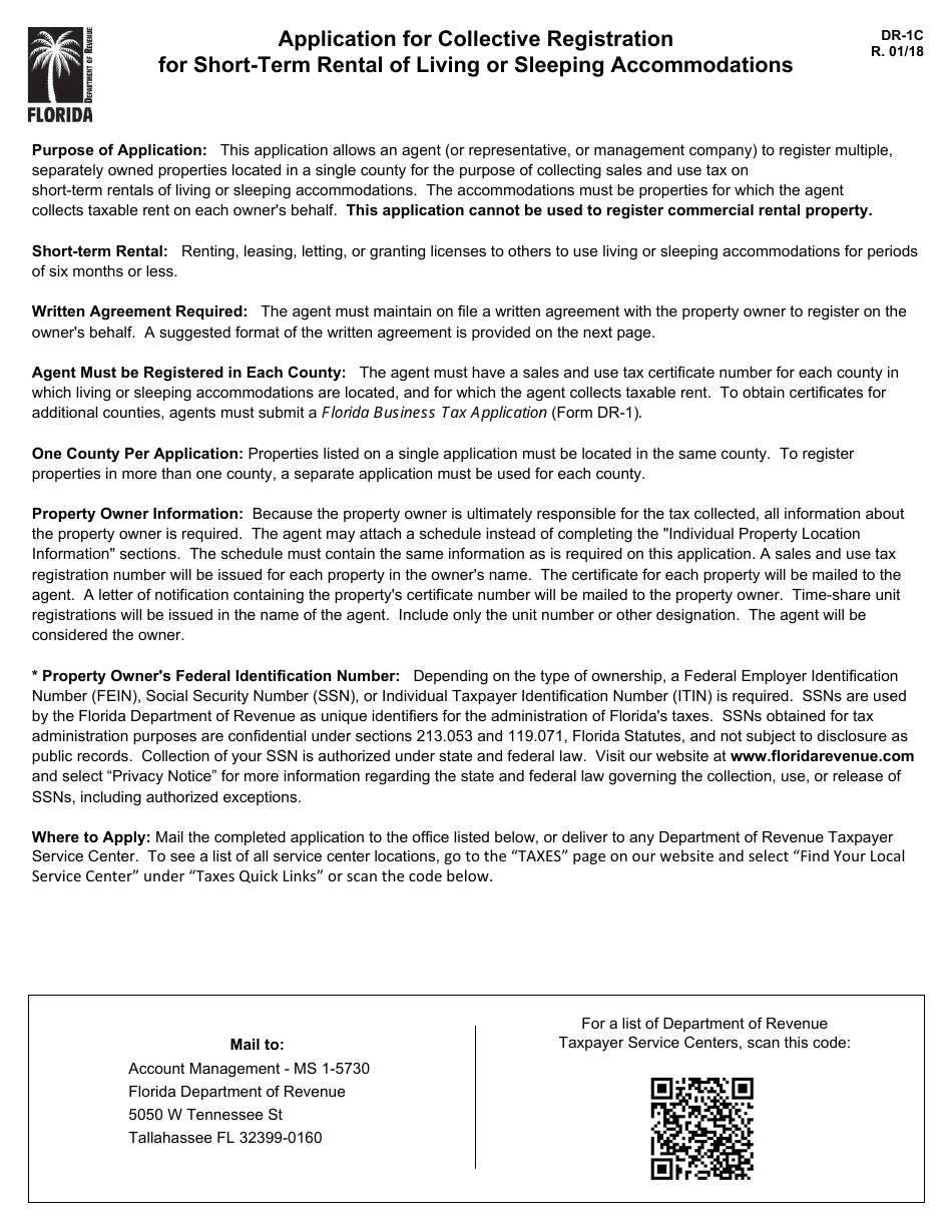 Form DR-1c Application for Collective Registration for Short-Term Rental of Living or Sleeping Accommodations - Florida, Page 1
