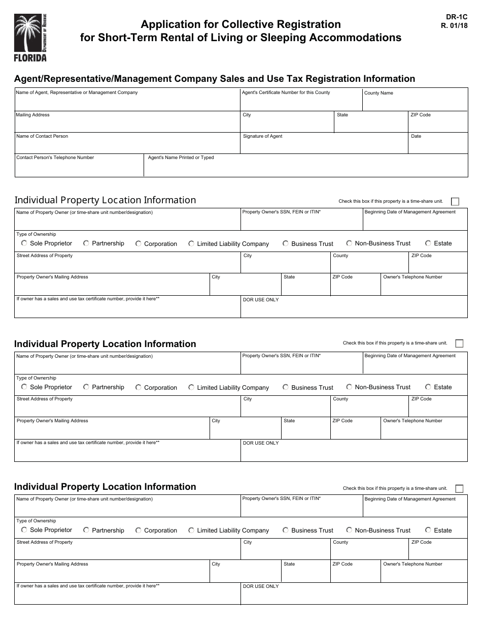 Form DR-1c Application for Collective Registration for Short-Term Rental of Living or Sleeping Accommodations - Florida, Page 3