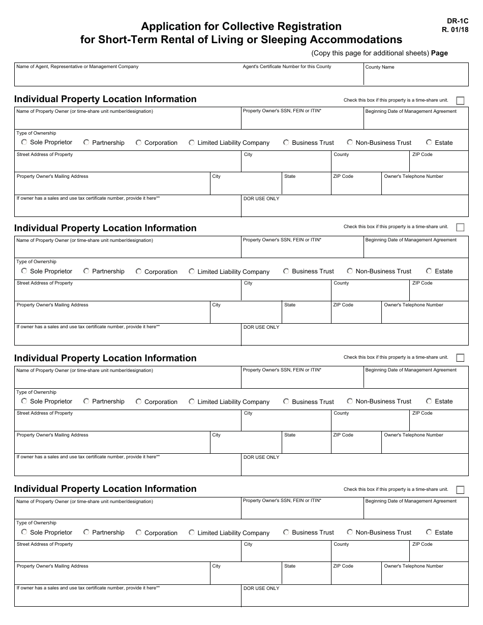 Form DR-1c Application for Collective Registration for Short-Term Rental of Living or Sleeping Accommodations - Florida, Page 4