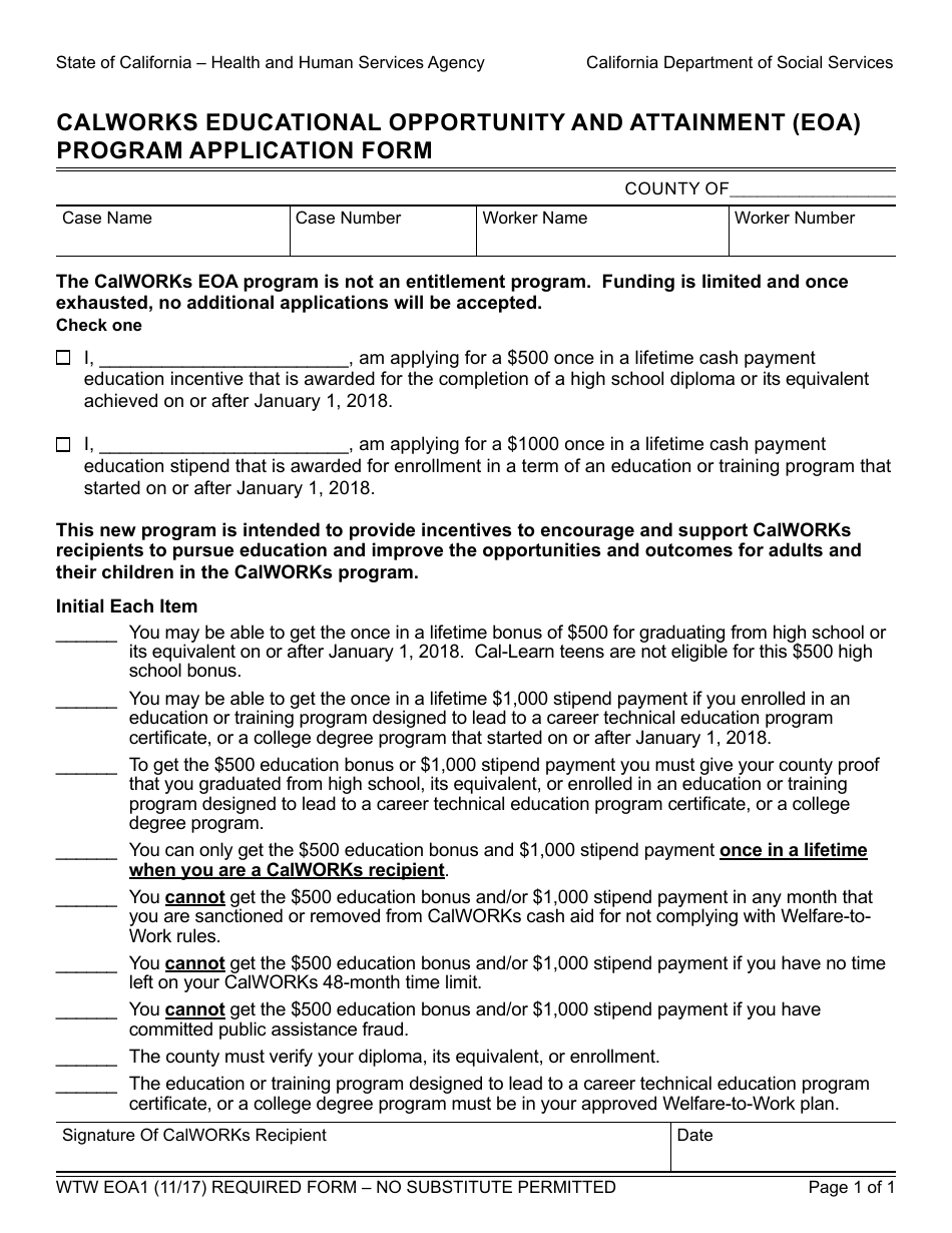 Form WTW EOA1 Calworks Educational Opportunity and Attainment (Eoa) Program Application Form - California, Page 1
