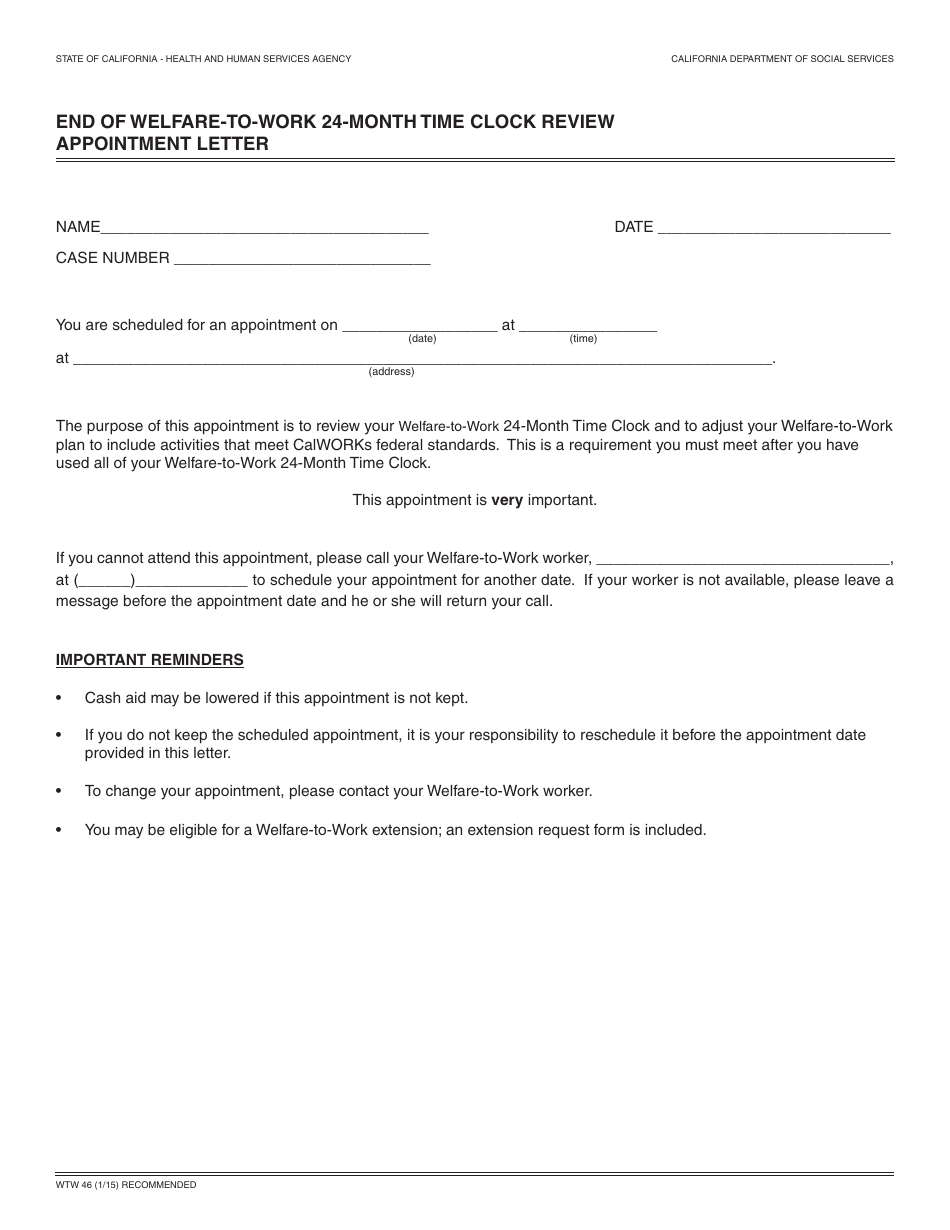 Form WTW46 End of Welfare-To-Work 24-month Time Clock Review Appointment Letter - California, Page 1