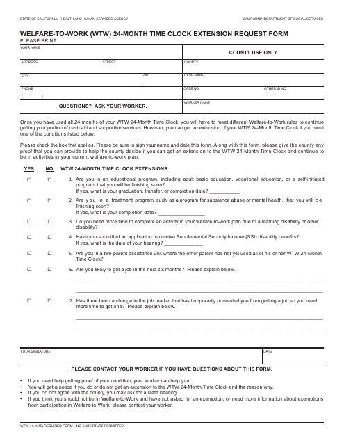 Form WTW44 Welfare-To-Work (Wtw) 24-month Time Clock Extension Request Form - California
