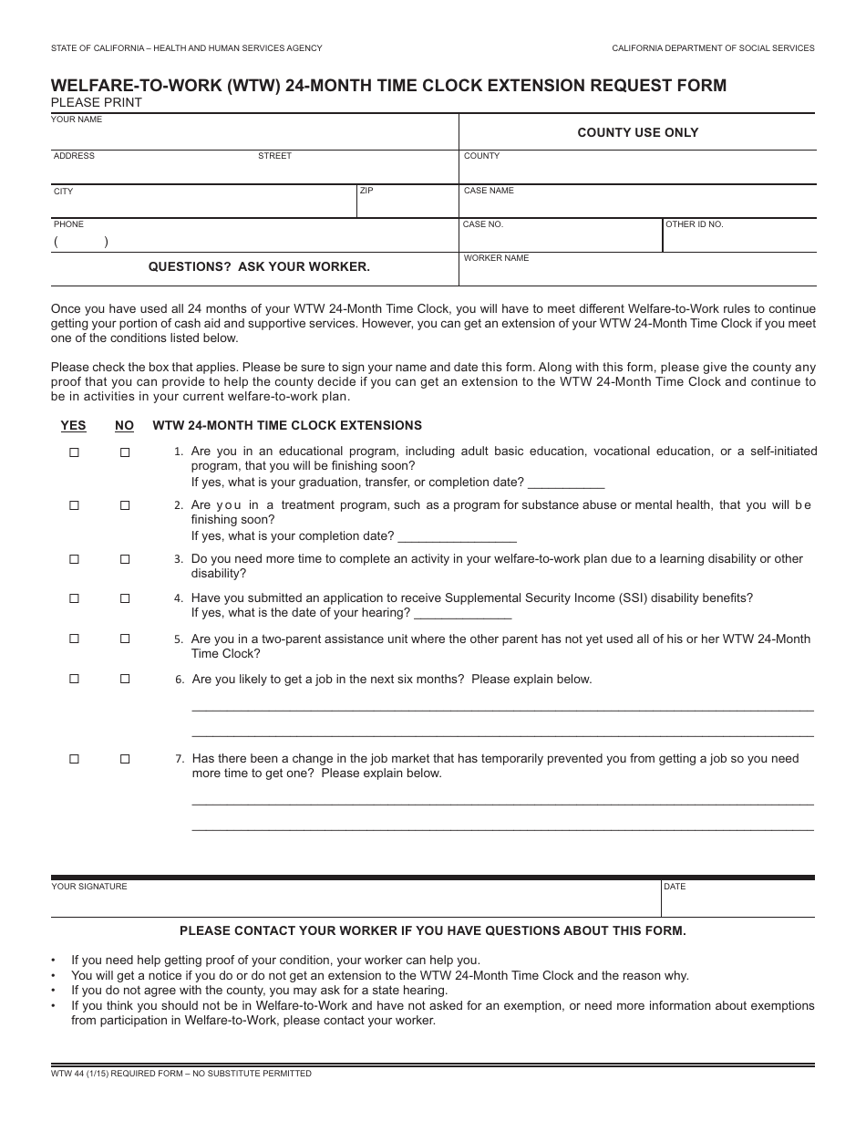 Form WTW44 Welfare-To-Work (Wtw) 24-month Time Clock Extension Request Form - California, Page 1