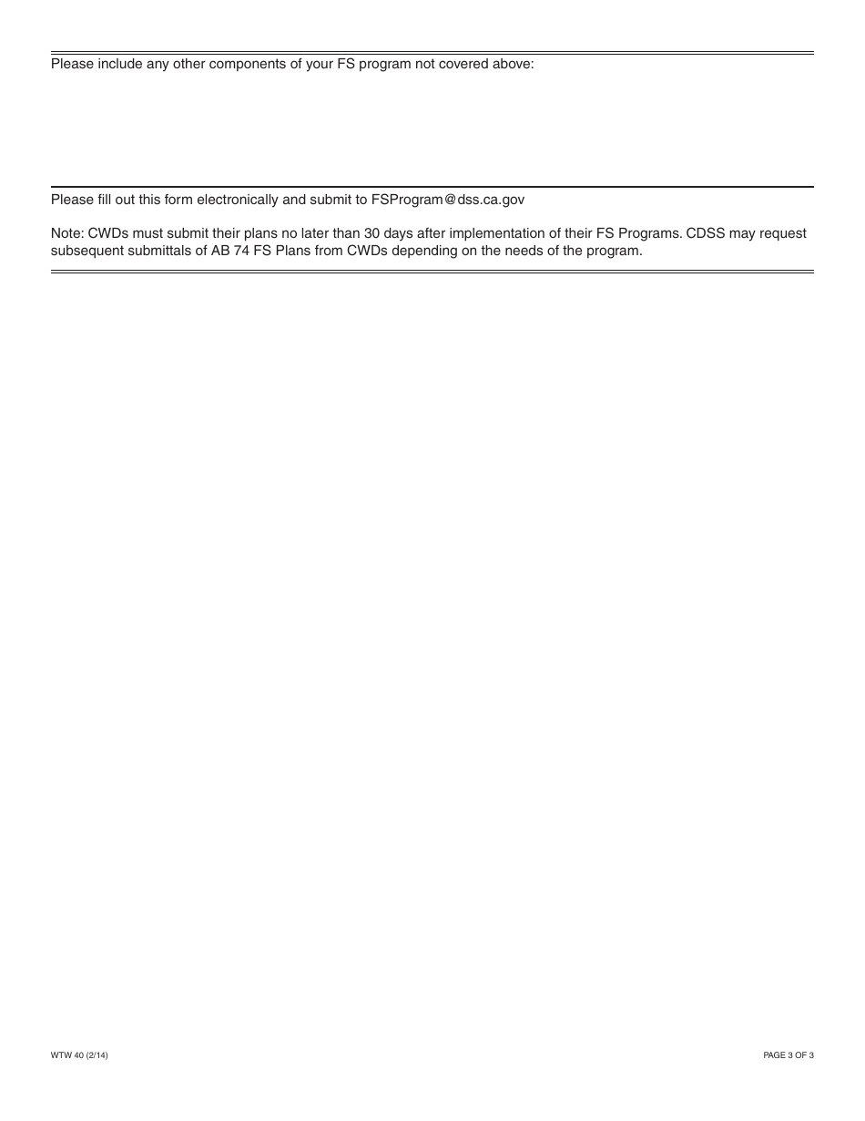 Form WTW40 Assembly Bill (AB) 74 County Welfare Department Family Stabilization (Fs) Plan - California, Page 3