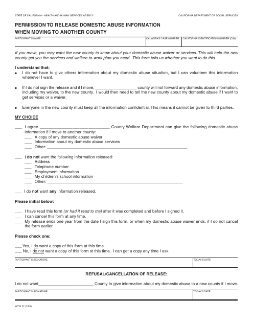 Form WTW37 Permission to Release Domestic Abuse Information When Moving to Another County - California