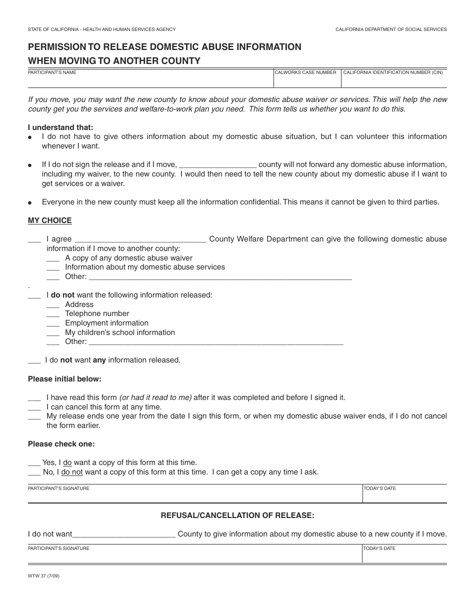 Form WTW37 Permission to Release Domestic Abuse Information When Moving to Another County - California, Page 1