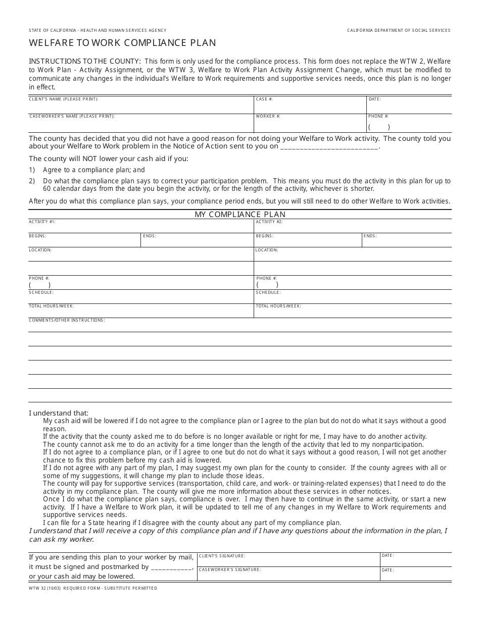 Form WTW32 Welfare to Work Compliance Plan - California, Page 1