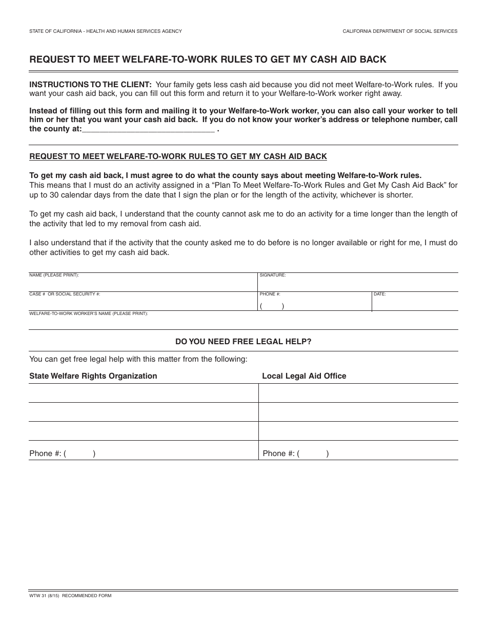 Form WTW31 Request to Meet Welfare-To-Work Rules to Get My Cash Aid Back - California, Page 1