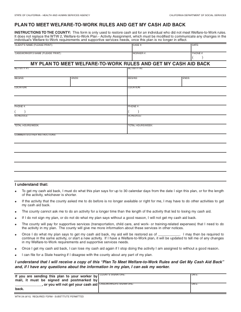 Form WTW29 Plan to Meet Welfare-To-Work Rules and Get My Cash Aid Back - California
