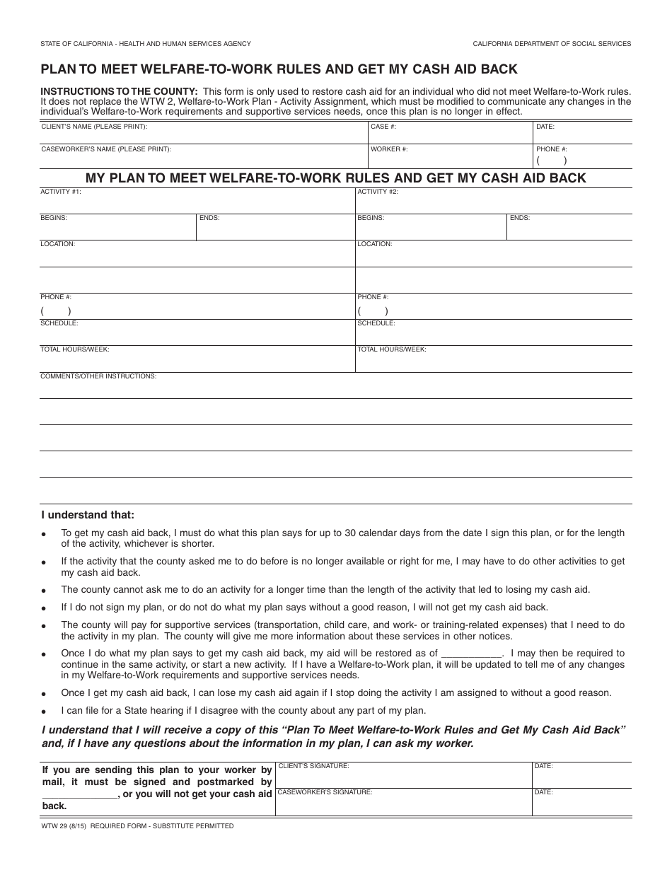 Form WTW29 Plan to Meet Welfare-To-Work Rules and Get My Cash Aid Back - California, Page 1