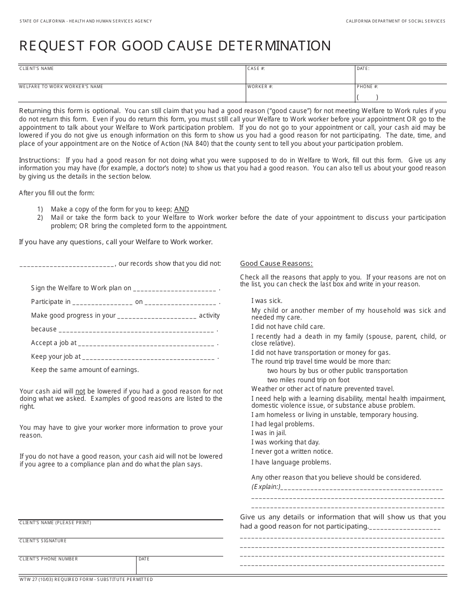 Form WTW27 Request for Good Cause Determination - California, Page 1