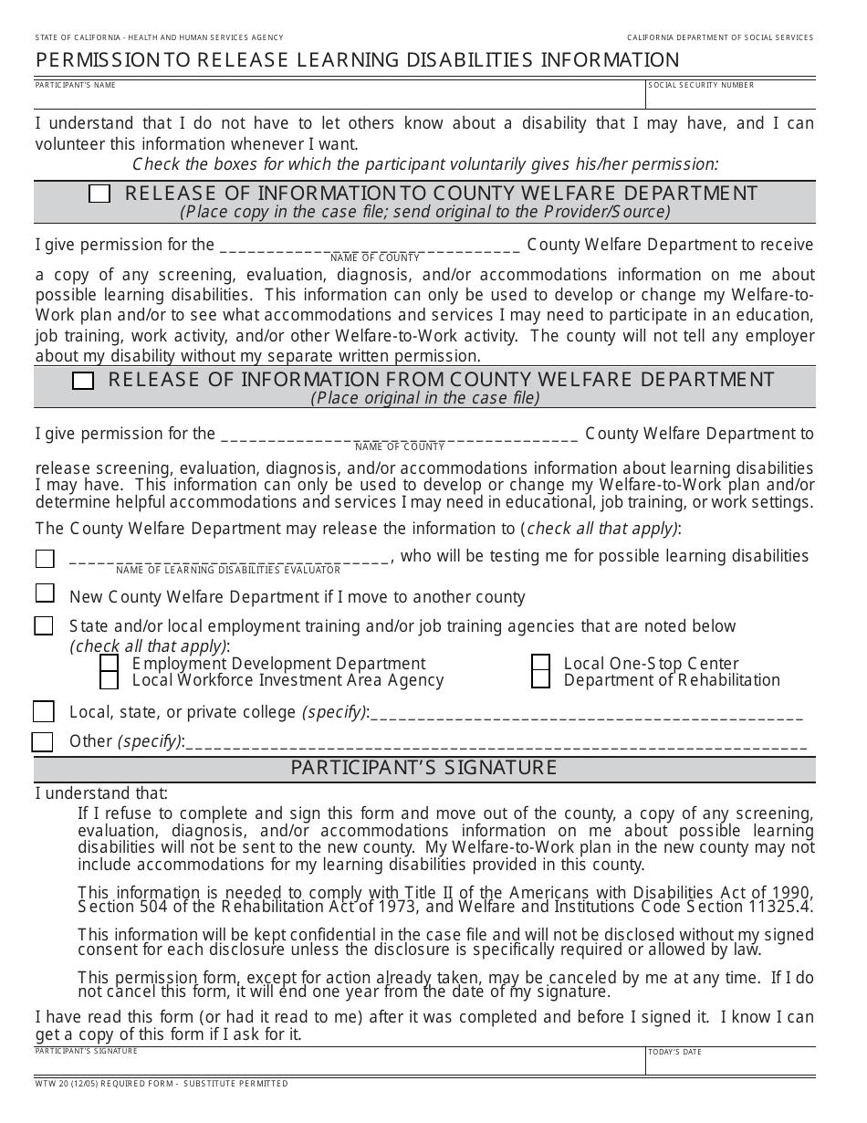 Form WTW20 Permission to Release Learning Disabilities Information - California, Page 1