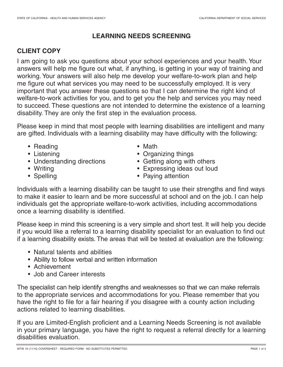 Form WTW19 Learning Needs Screening - California, Page 1