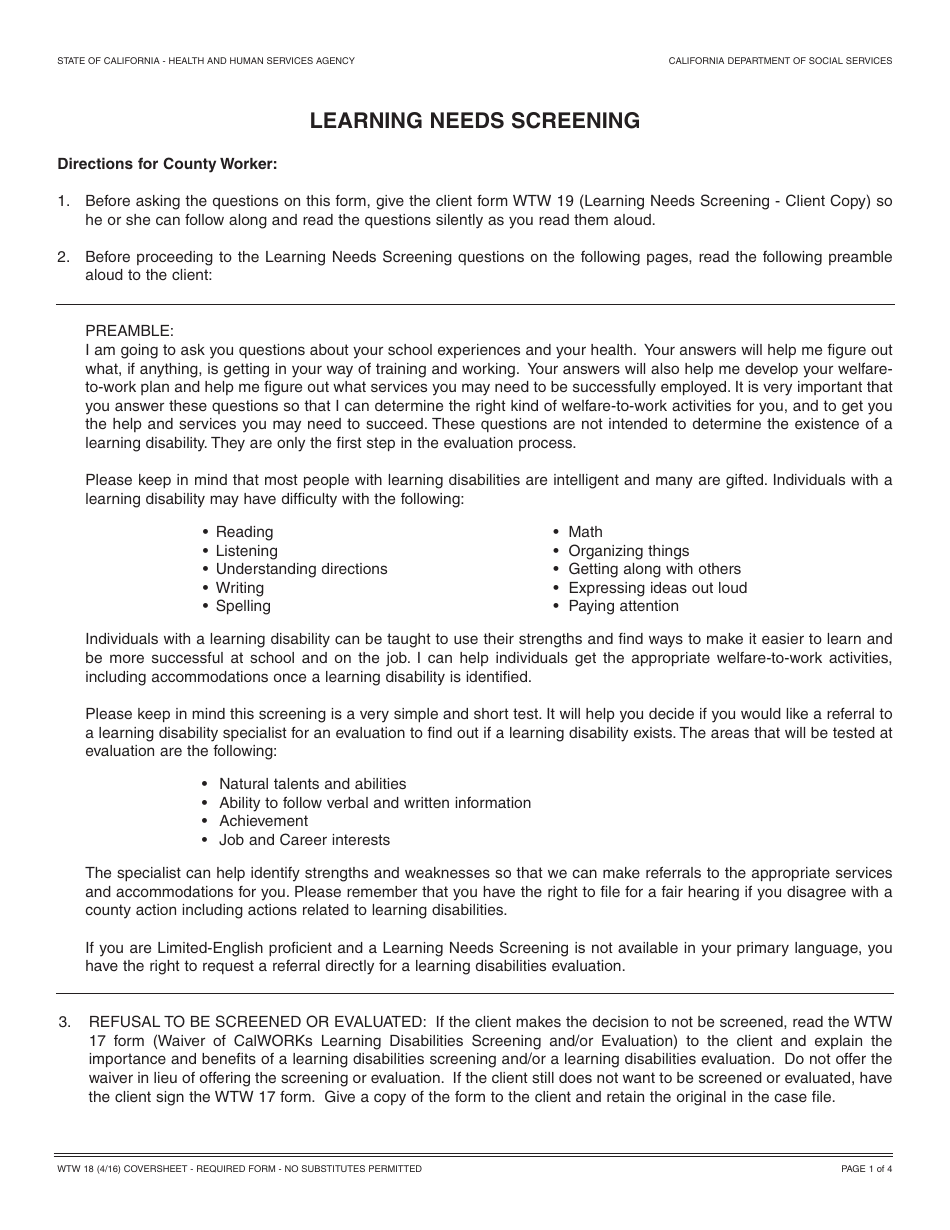 Form WTW18 Learning Needs Screening - California, Page 1