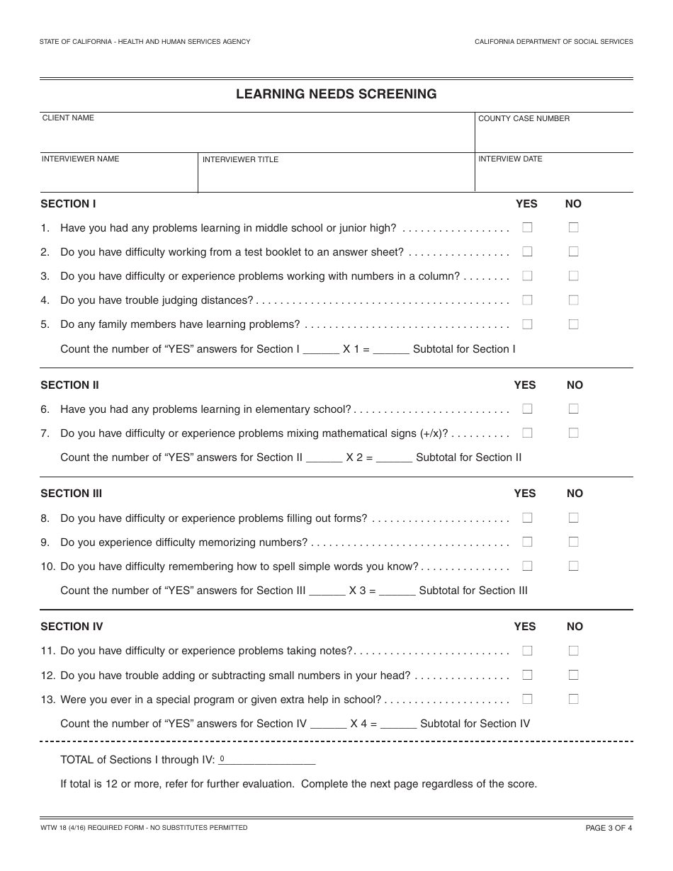 Form WTW18 Learning Needs Screening - California, Page 3