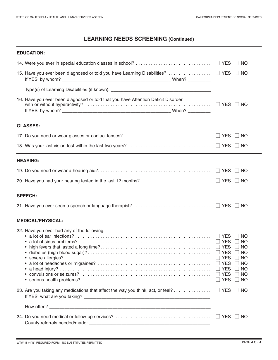 Form WTW18 Learning Needs Screening - California, Page 4