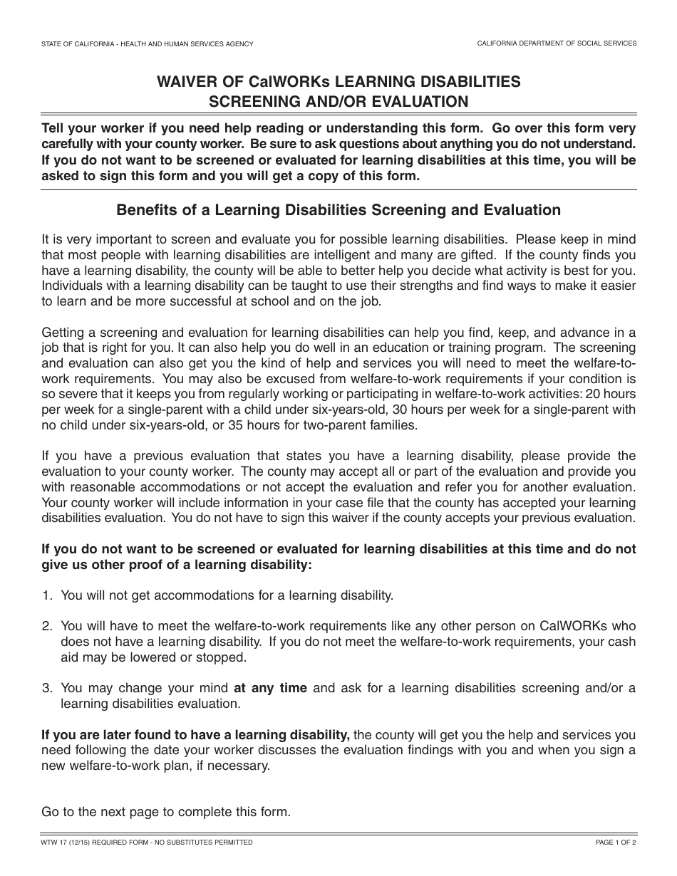 Form WTW17 Waiver of Calworks Learning Disabilities Screening and / or Evaluation - California, Page 1