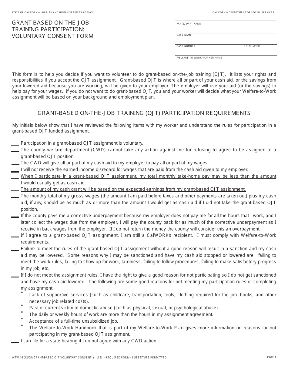 Form WTW16 Grant-Based on-The-Job Training Participation: Voluntary Consent Form - California, Page 1